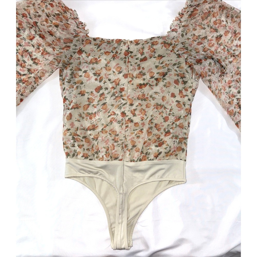 Misguided Sheer Off The Shoulder, Bodysuit‎ Zip Up Back, Dainty Orange Floral - Picture 4 of 8
